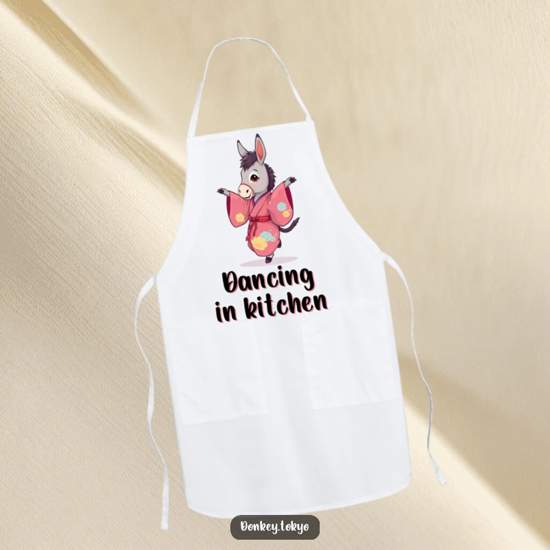Funny apron showing a graceful donkey in a vibrant kimono, performing a pirouette, ready to add elegance to cooking.