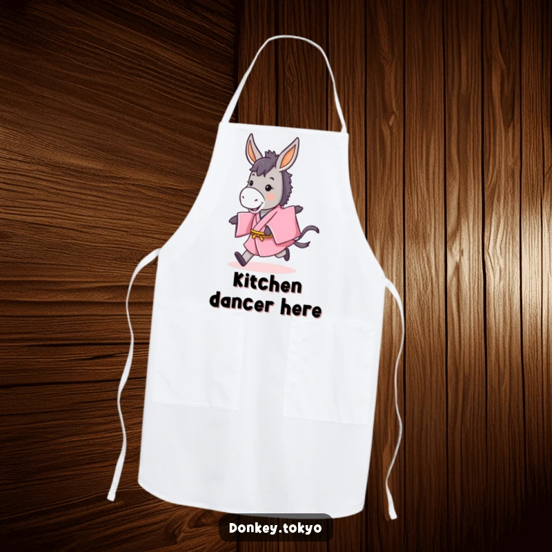Funny apron with a cute donkey in a pink kimono doing a playful hop, perfect for kitchen use, a humorous gift.