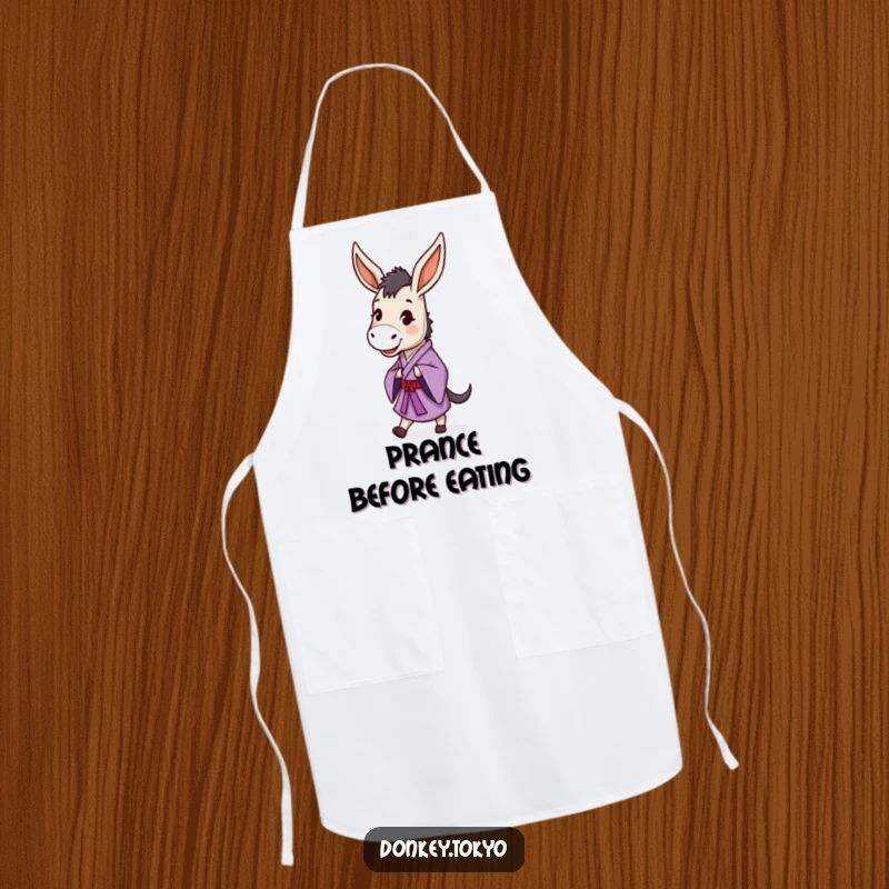 Funny donkey in a purple kimono doing a dignified prance, on an apron for a humorous and joyful cooking experience.