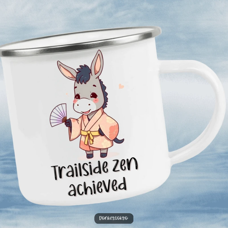 Funny donkey in a kimono, playfully tossing a paper fan, a durable and humorous camping mug.