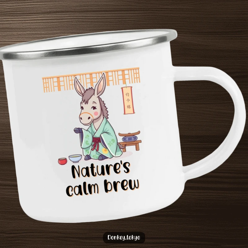 Funny camping mug with a cheerful donkey in a flowing kimono, practicing a tea ceremony, ready for tranquil outdoor moments.