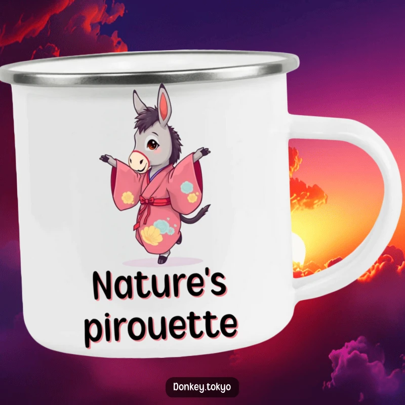Funny camping mug with a graceful donkey in a vibrant kimono, mid-pirouette, ready for outdoor elegance.