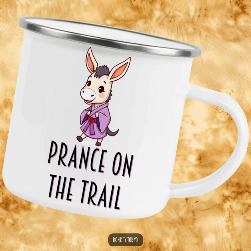 Funny donkey in a purple kimono doing a dignified prance, on a sturdy camping mug for humorous outdoor enjoyment.