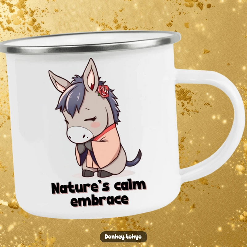 Serene donkey in a traditional kimono, bowing gracefully, a durable and calming camping mug.