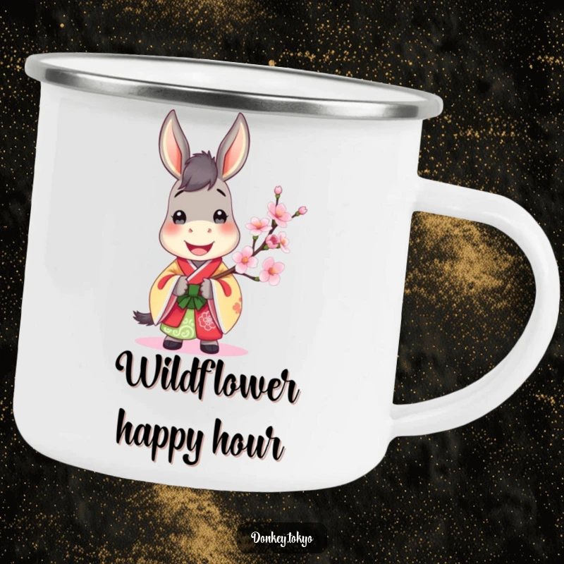 Jovial donkey in a colorful kimono, holding a cherry blossom, a sturdy and cheerful camping mug.
