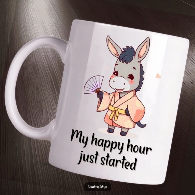 Funny donkey wearing a patterned kimono, playfully tossing a paper fan, a whimsical and humorous gift.