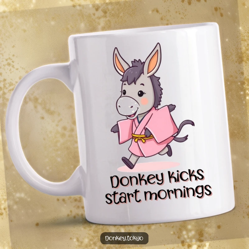 Funny mug with a cute, spirited donkey in a pink kimono doing a playful hop, perfect for cheerful mornings.
