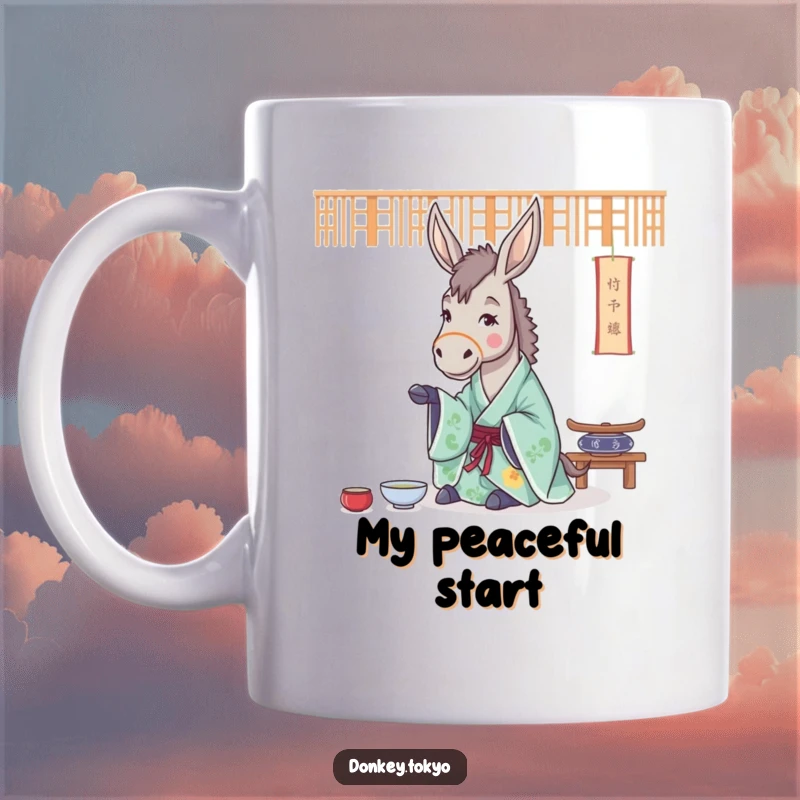 Funny mug with a cheerful donkey in a flowing kimono, serenely practicing a tea ceremony, embodying peace and mindfulness.