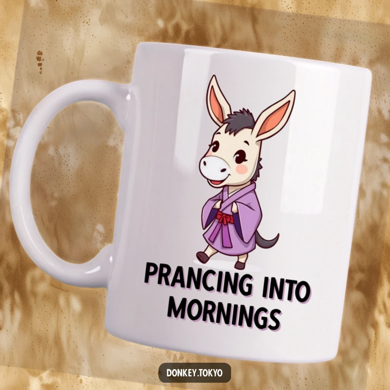 Funny happy donkey in a purple kimono doing a dignified little prance, depicted on a mug for joyful sipping.
