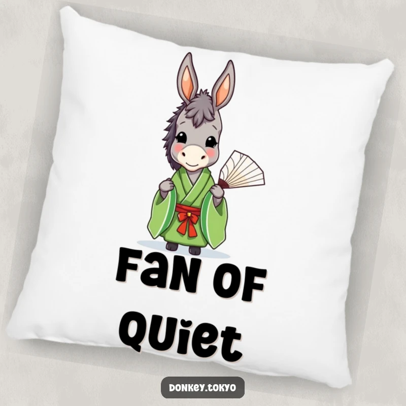 Funny donkey in a green kimono holding a fan, featured on a soft pillow, adding humorous comfort to decor.