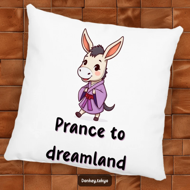 Funny donkey in a purple kimono doing a dignified prance, on a soft pillow for humorous comfort and decor.