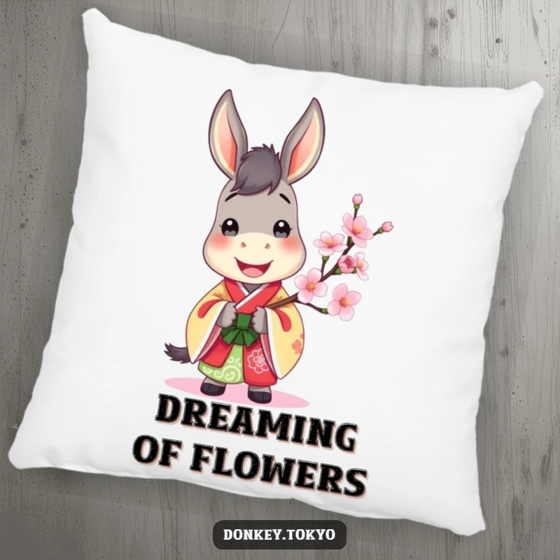 Jovial donkey in a colorful kimono, holding a cherry blossom, a soft and cheerful decorative pillow.
