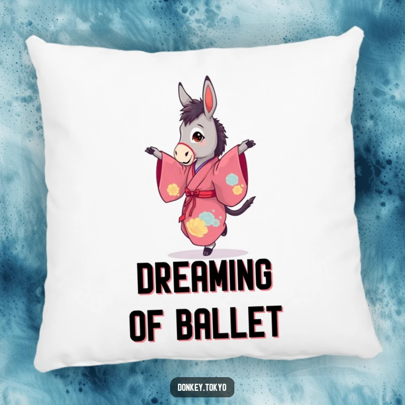 Funny pillow with a graceful donkey in a vibrant kimono, caught in a gentle pirouette, perfect for a cozy accent.