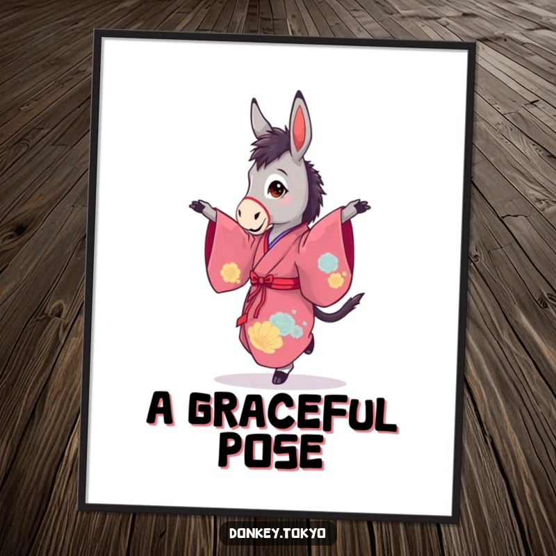 Funny digital art print of a graceful donkey in a vibrant kimono, mid-pirouette, bringing artistic elegance to the wall.
