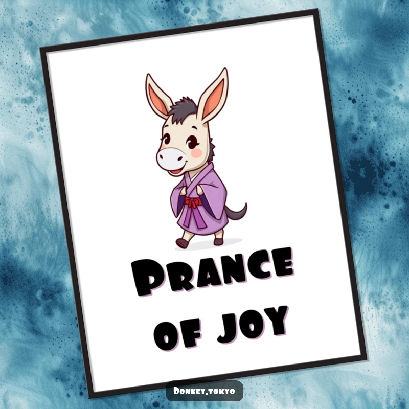 Funny donkey in a purple kimono doing a dignified prance, as a digital art print showcasing joyful and humorous style.