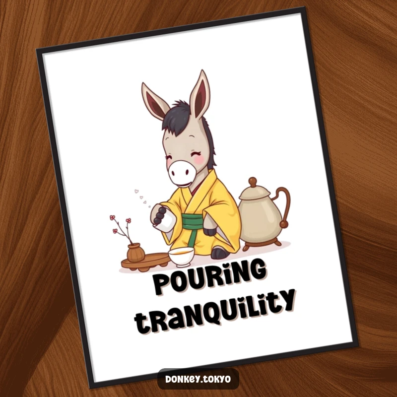 Funny donkey in a yellow kimono gently pouring tea, as a digital art print showcasing serene and humorous style.