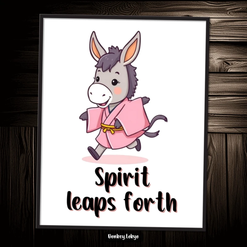 Funny digital art print of a cute donkey in a pink kimono doing a playful hop, for immediate home decor.