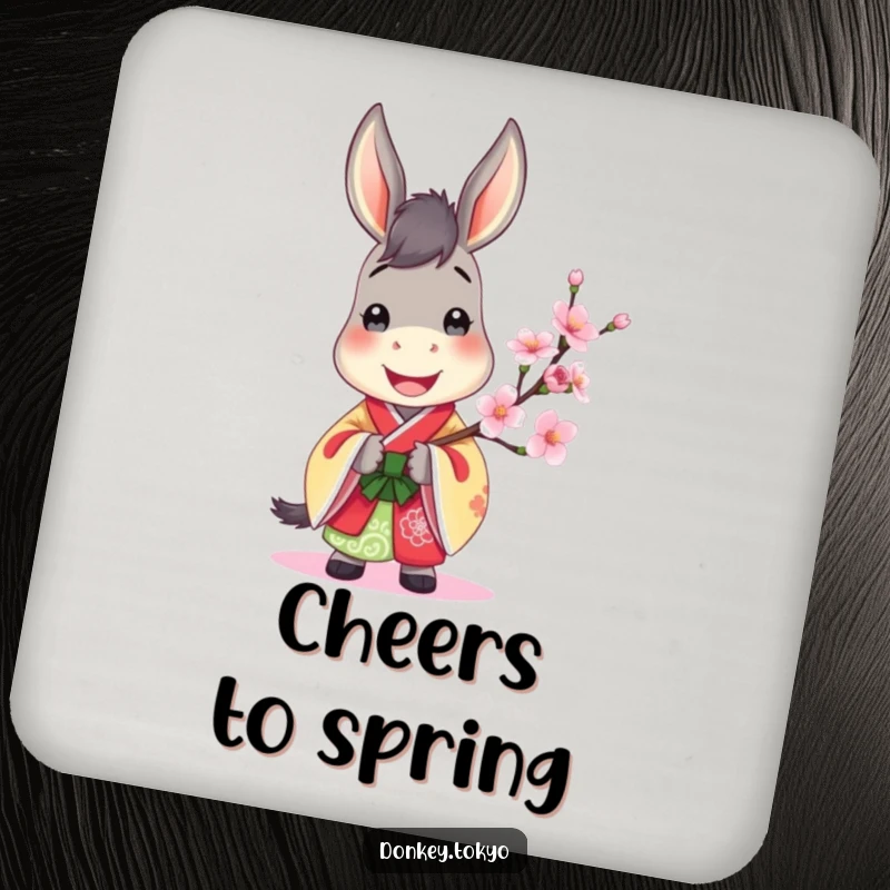 Jovial donkey in a colorful kimono, holding a cherry blossom, a set of vibrant and humorous coasters.