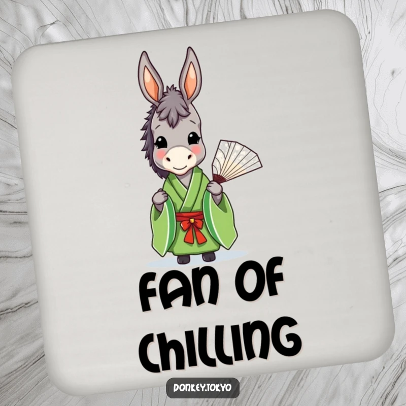 Funny donkey in a green kimono holding a fan, featured on a drink coaster for humorous surface protection.