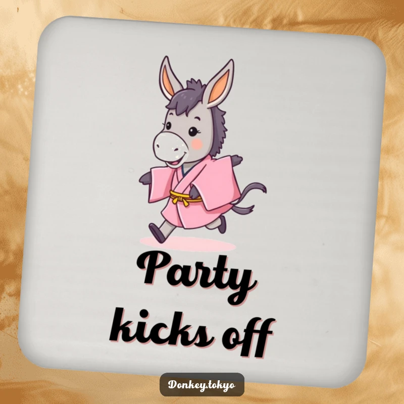 Funny drink coaster with a cute donkey in a pink kimono doing a playful hop, protecting surfaces with humor.