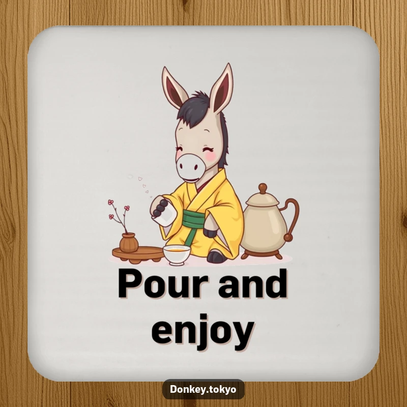 Funny donkey in a yellow kimono gently pouring tea, on a drink coaster for humorous surface protection.