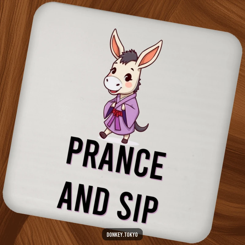 Funny donkey in a purple kimono doing a dignified prance, on a drink coaster for humorous surface protection.