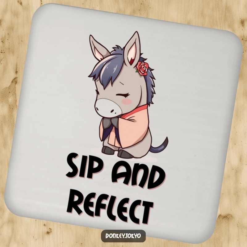 Serene donkey in a traditional kimono, bowing gracefully, a set of elegant and humorous coasters.