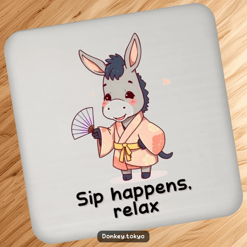 Funny donkey in a kimono, playfully tossing a paper fan, a set of humorous drink coasters.