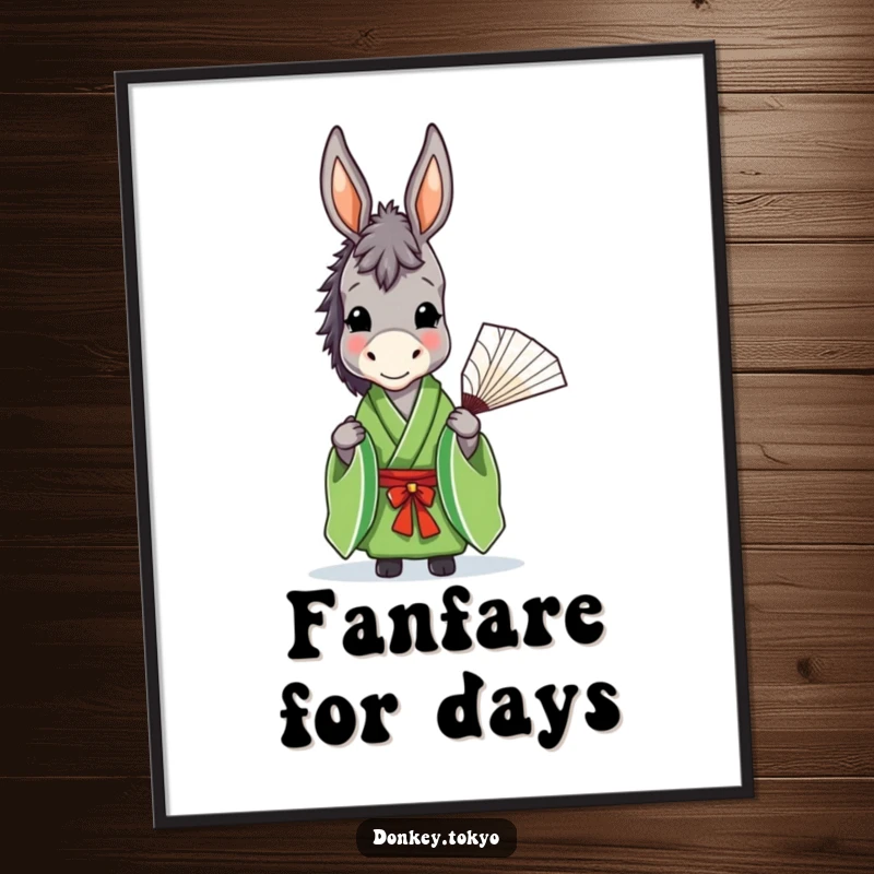 Funny donkey in a green kimono holding a fan, presented as elegant wall art poster, conveying gentle humor.
