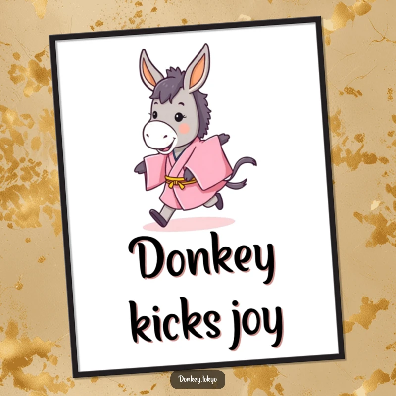 Funny poster print of a cute donkey in a pink kimono doing a spirited hop, adding playful humor to wall decor.