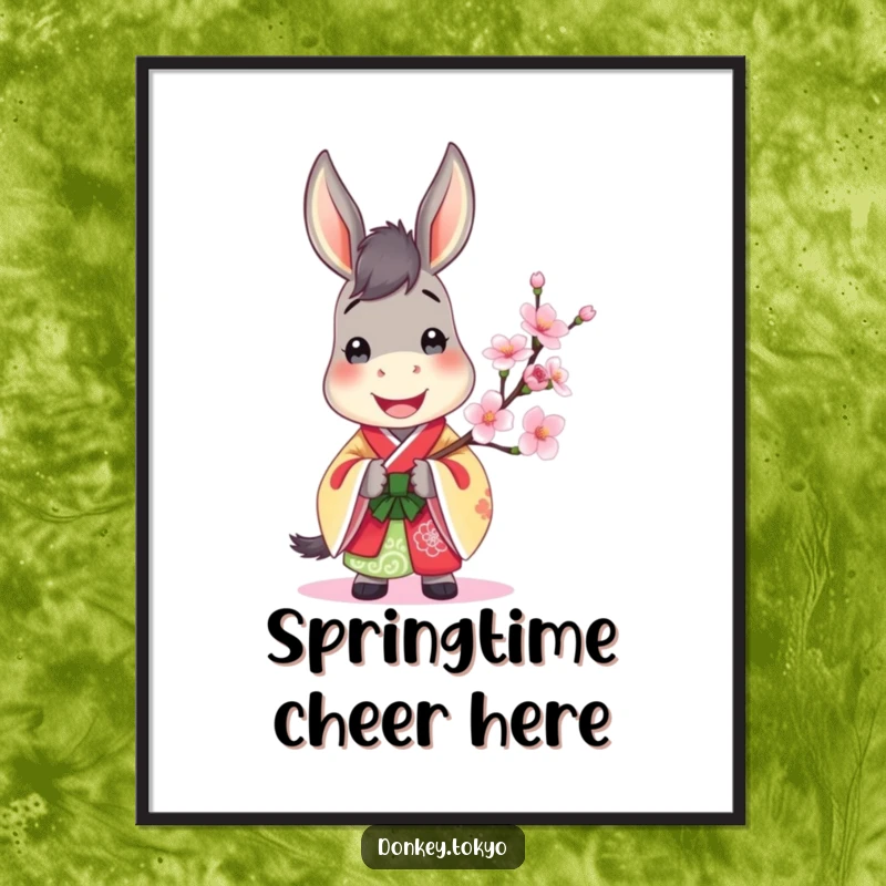 Jovial donkey in a colorful kimono, holding a blooming cherry blossom, cheerful and artistic wall decor.