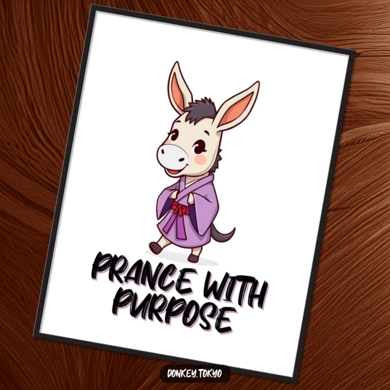 Funny donkey in a purple kimono doing a dignified prance, as a poster for joyful and humorous wall art.