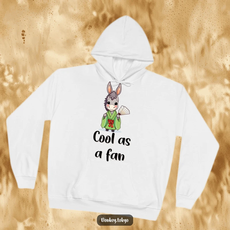 Funny donkey in a green kimono gracefully holding a fan, printed on a cozy hoodie for a humorous feel.