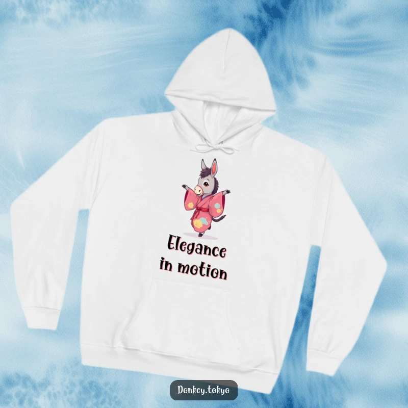 Funny, cozy hoodie with a graceful donkey in a vibrant kimono, captured mid-pirouette, radiating gentle movement.
