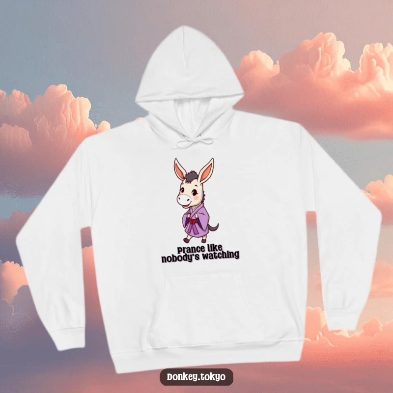 Funny donkey in a purple kimono doing a dignified prance, printed on a cozy hoodie for humorous warmth.