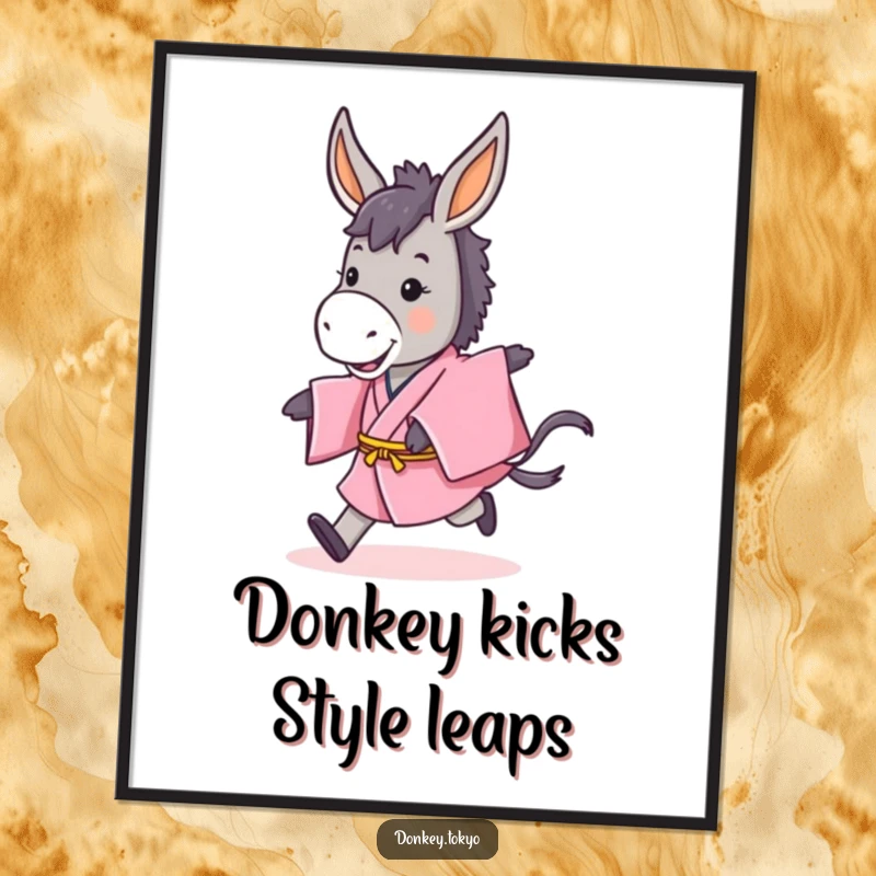 Funny Free Printable Donkey Kimono Art, cute donkey in pink kimono hopping, playful decor.