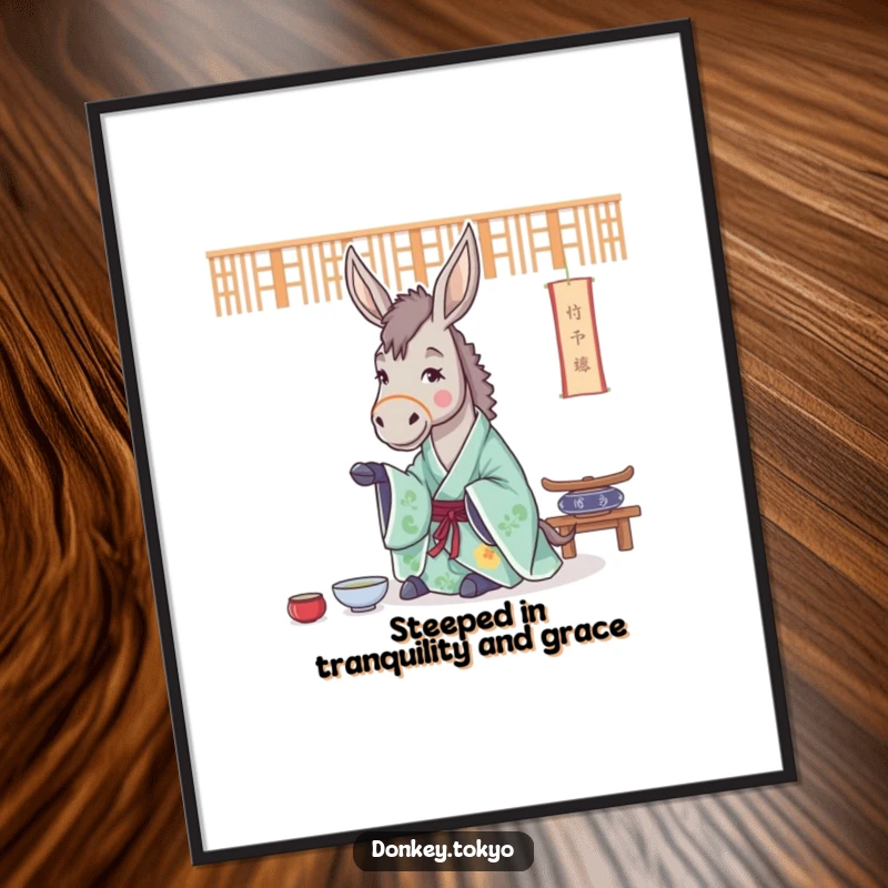 Funny Free Printable Wall Art: A cheerful donkey in a flowing kimono practices a tranquil tea ceremony.