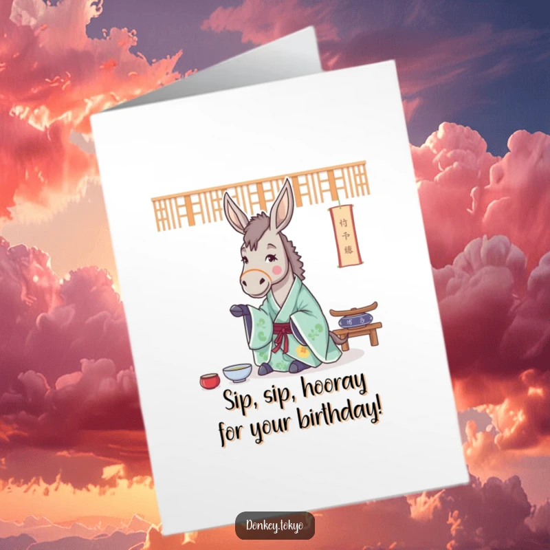 Funny Free Printable Birthday Card: Cheerful donkey in a kimono gracefully performs a traditional tea ceremony.