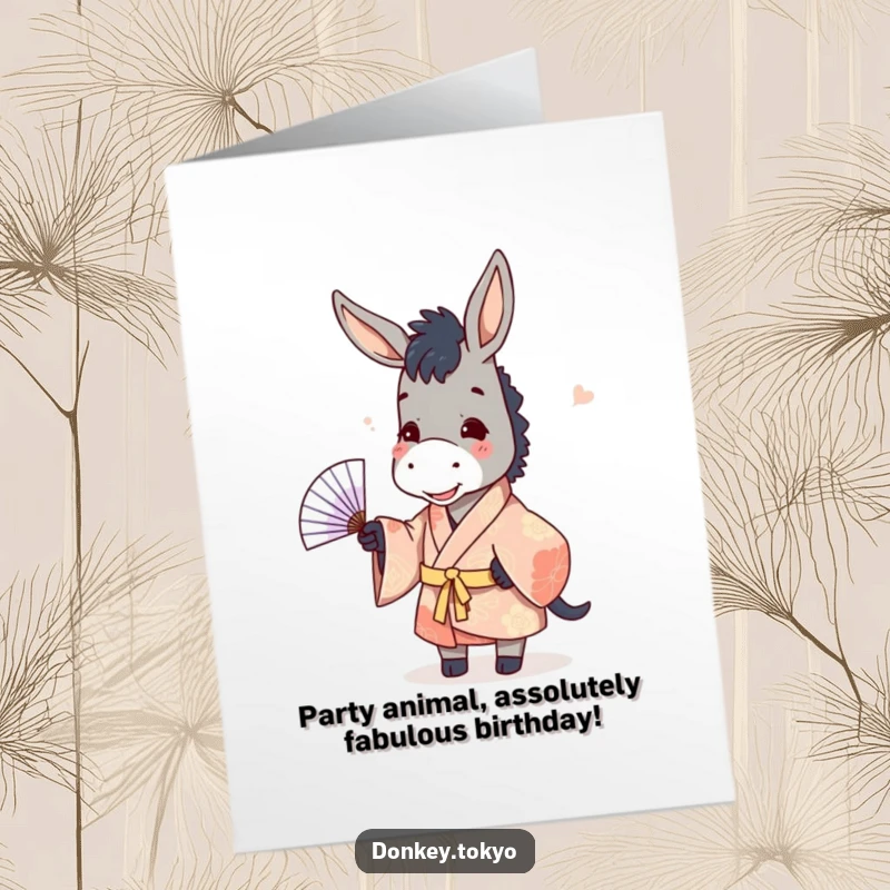 Funny Free Printable Birthday Card: Playful donkey in kimono tossing fan, perfect for a giggle