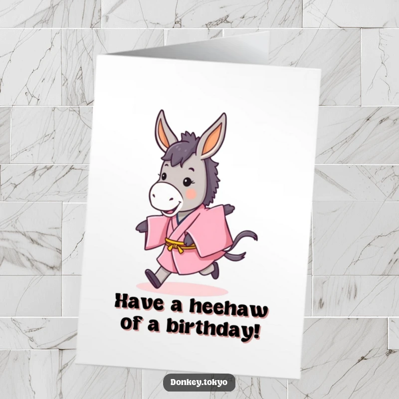 Funny Free Printable Donkey Birthday Card, donkey in pink kimono hopping playfully, downloadable birthday fun.