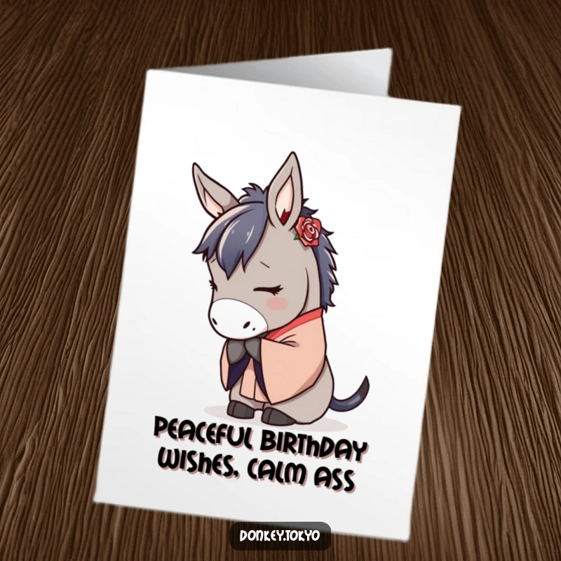 Serene Free Printable Birthday Card: Donkey in traditional kimono bowing gracefully, showing respect