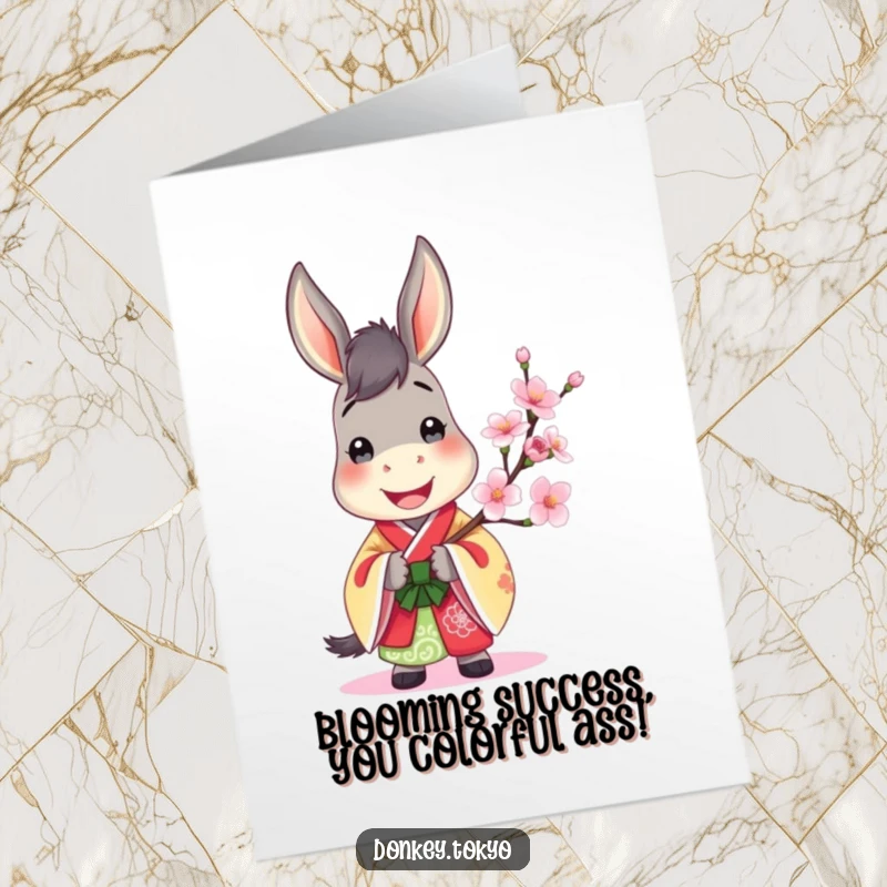 Jovial Free Printable Congrats Card: Donkey in colorful kimono holding cherry blossom, celebrating success