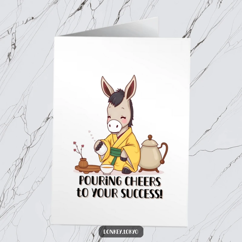 Funny Free Printable Congratulations Card featuring a serene donkey in a yellow kimono pouring tea with grace.