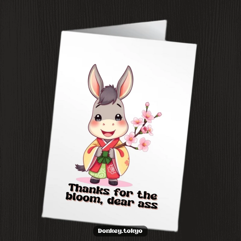 Jovial Free Printable Thank You Card: Donkey in colorful kimono holding cherry blossom, expressing thanks