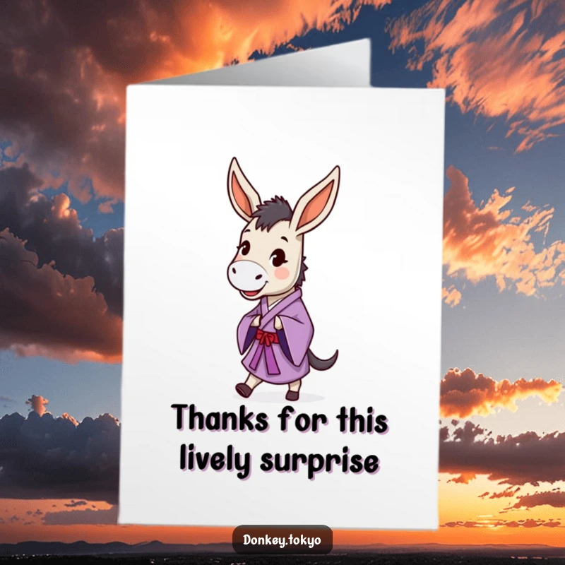 Funny Free Printable Thank You Card of a happy donkey in a purple kimono doing a dignified little prance.
