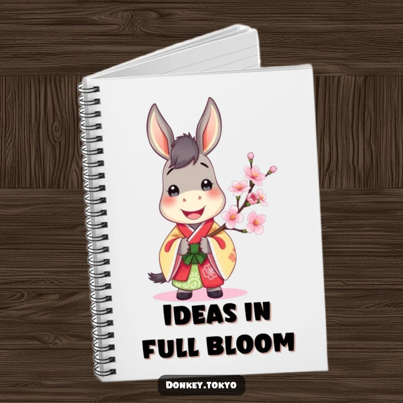 Jovial donkey in a colorful kimono, holding a cherry blossom, a cheerful and practical notebook.