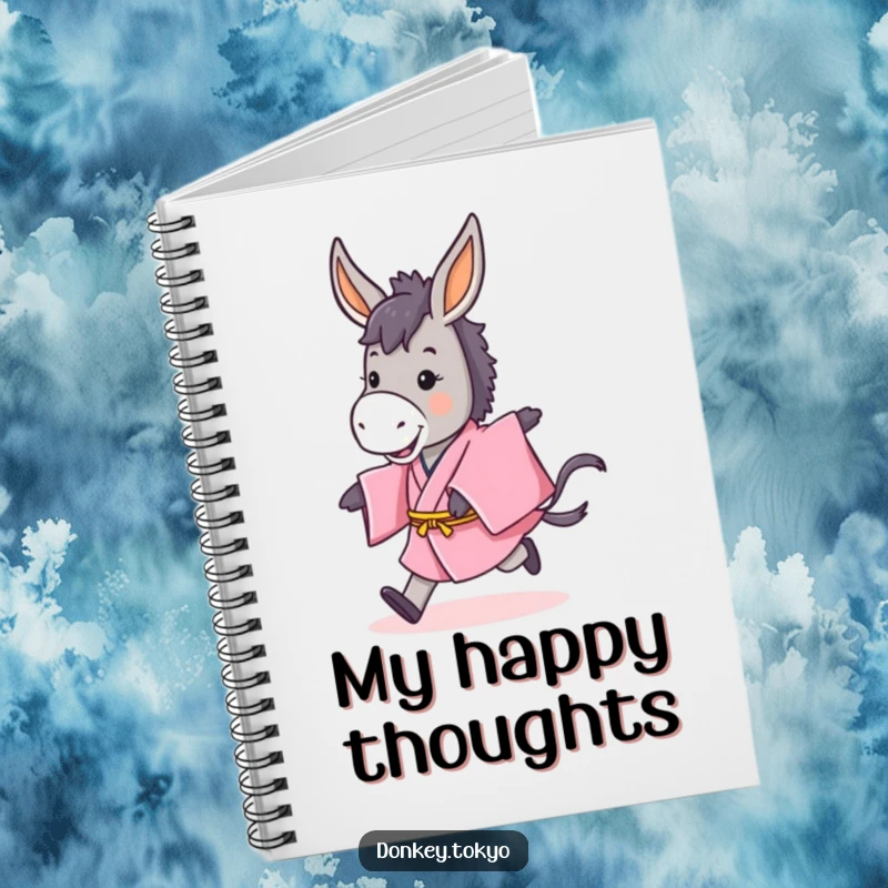 Funny notebook with a cute donkey in a pink kimono doing a playful hop, ideal for note-taking and journaling.