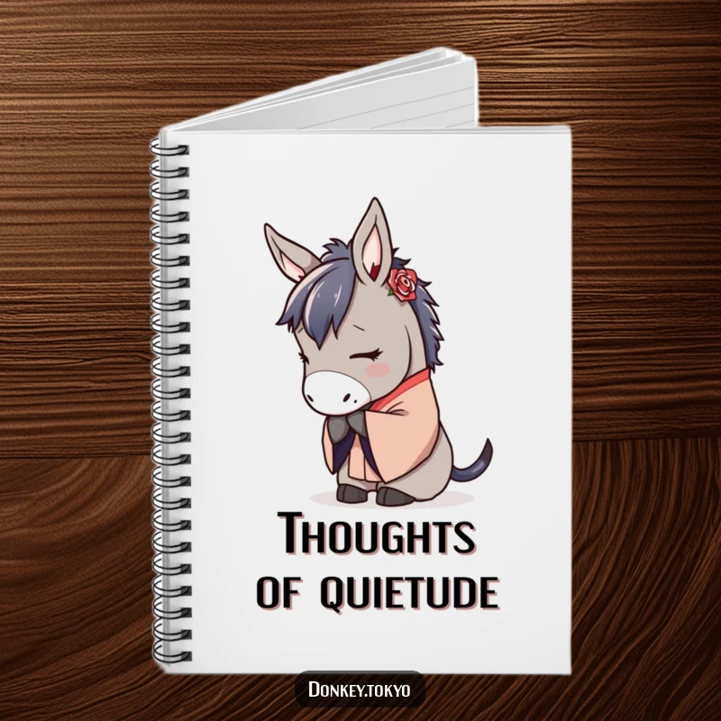 Serene donkey in a traditional kimono, bowing gracefully, a peaceful and practical notebook.