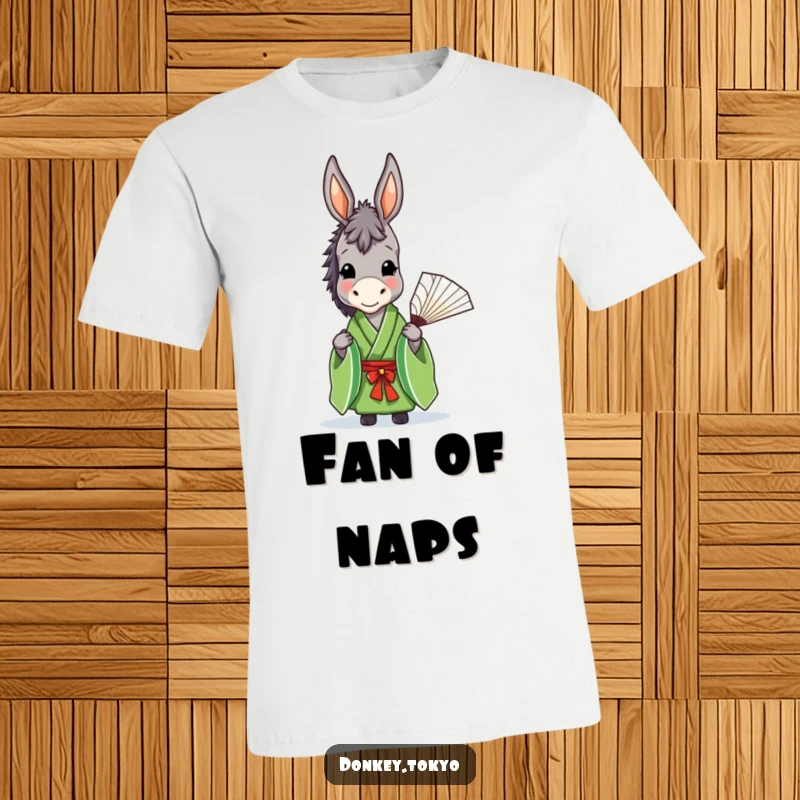 Funny donkey wearing a green kimono, holding an open fan with a soft smile, featured on a t-shirt.