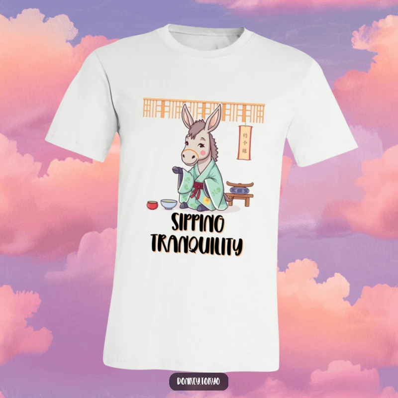 Funny t-shirt with a cheerful donkey in a flowing kimono, gracefully practicing a tea ceremony, radiating serenity.